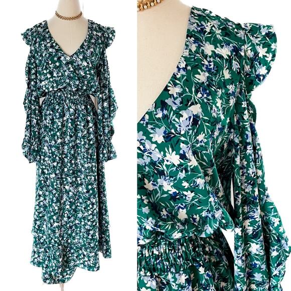 MISA Los Angeles Floral Ruffle Open Sleeve Tiered Maxi Dress green size medium M - Picture 1 of 8